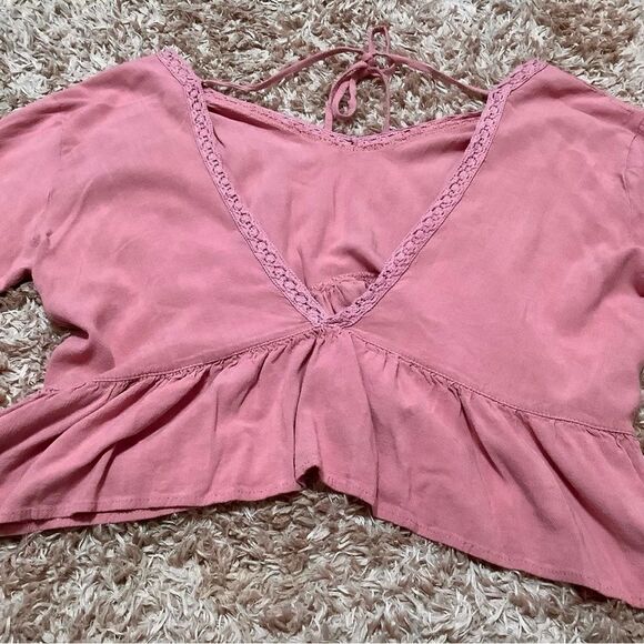 DMonas Pink Bohemian Hippie Cropped Ruffle Peasant Blouse Size Medium - Picture 11 of 11